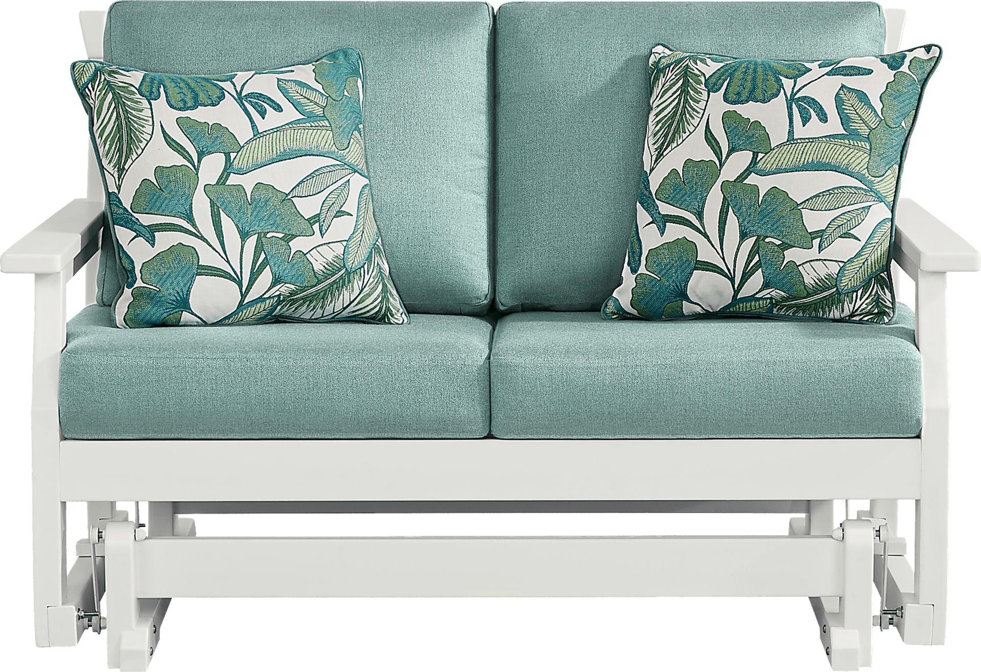 Eastlake White Outdoor Glider Loveseat with Breeze Cushions - Image 1