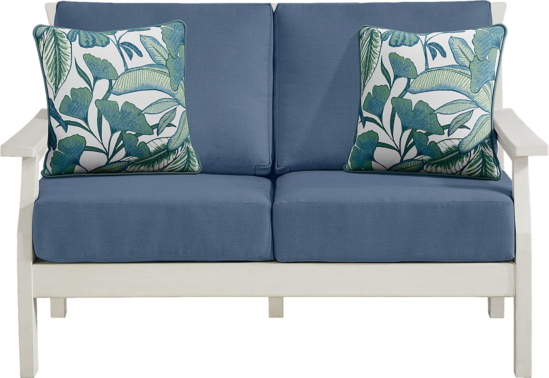 Eastlake White Outdoor Loveseat with Blueberry Cushions - Image 1