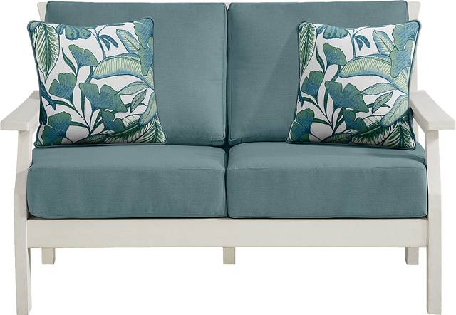 Eastlake White Outdoor Loveseat with Breeze Cushions - Thumbnail - Image 1