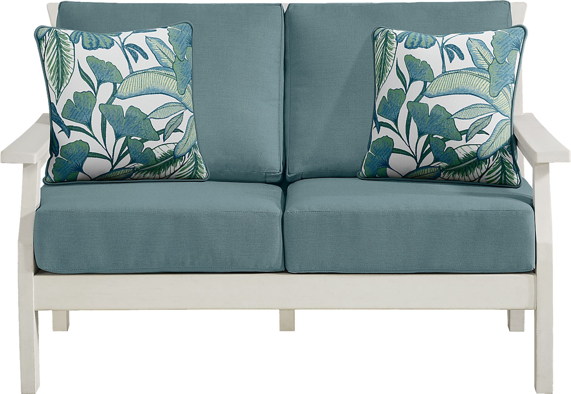 Eastlake White Outdoor Loveseat with Breeze Cushions - Image 1