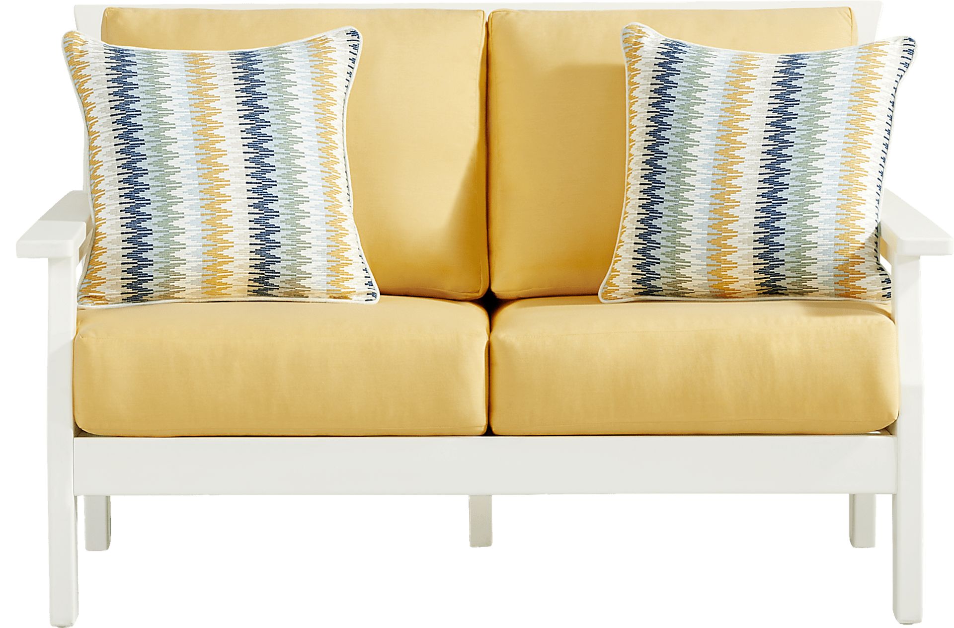 Eastlake White Outdoor Loveseat with Buttercup Cushions - Image 1