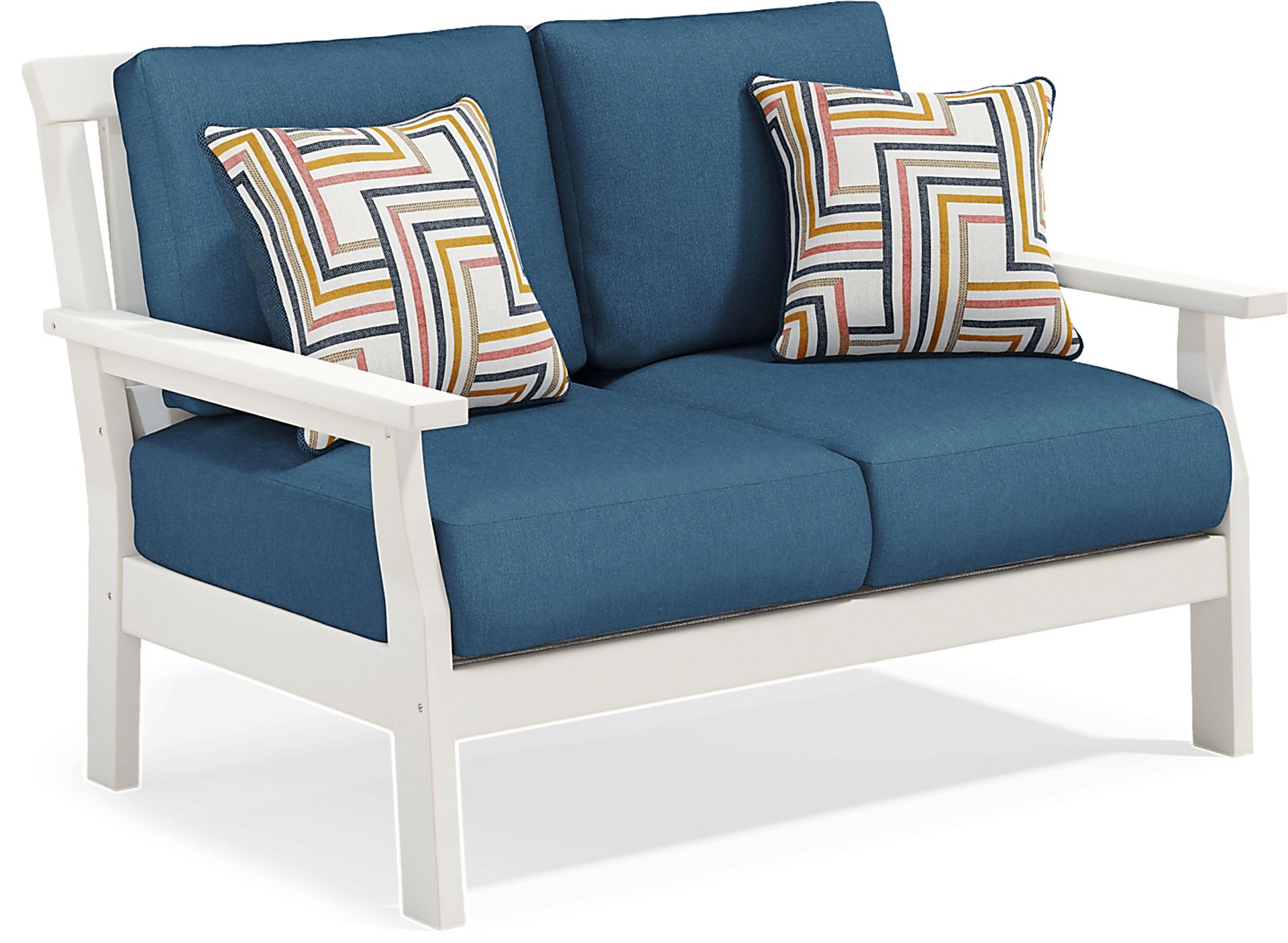Eastlake White Outdoor Loveseat with Ocean Cushions - Image 2