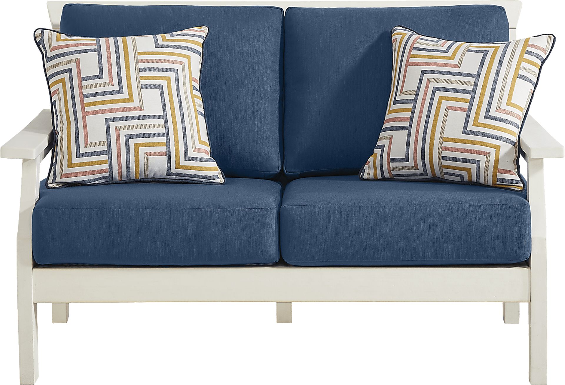 Eastlake White 4 Pc Outdoor Loveseat Seating Set with Ocean Cushions - Image 3