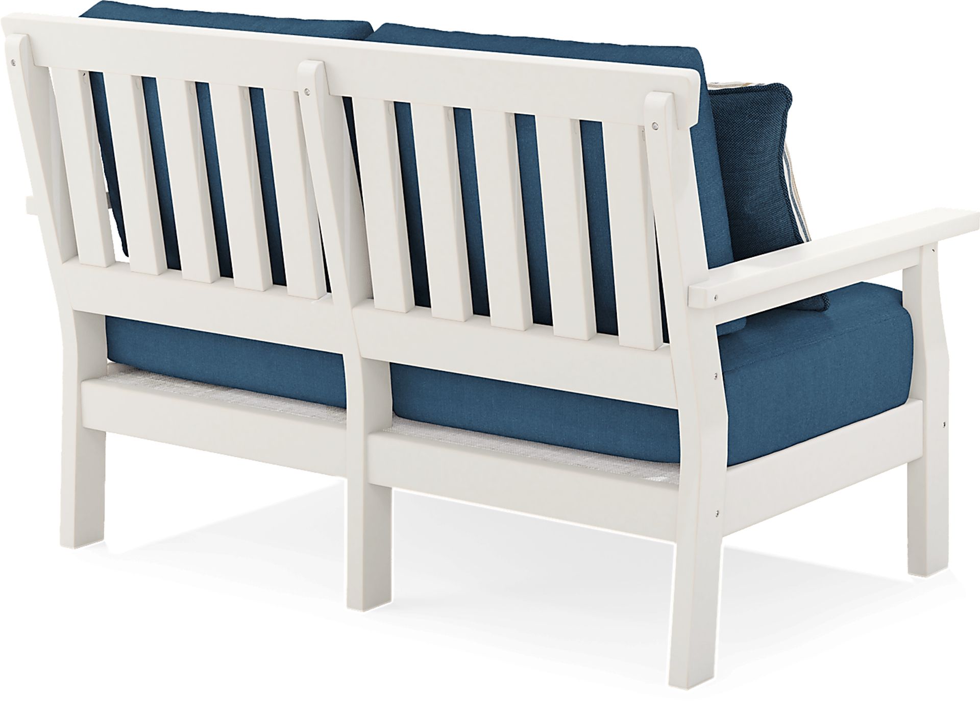 Eastlake White Outdoor Loveseat with Ocean Cushions - Image 4