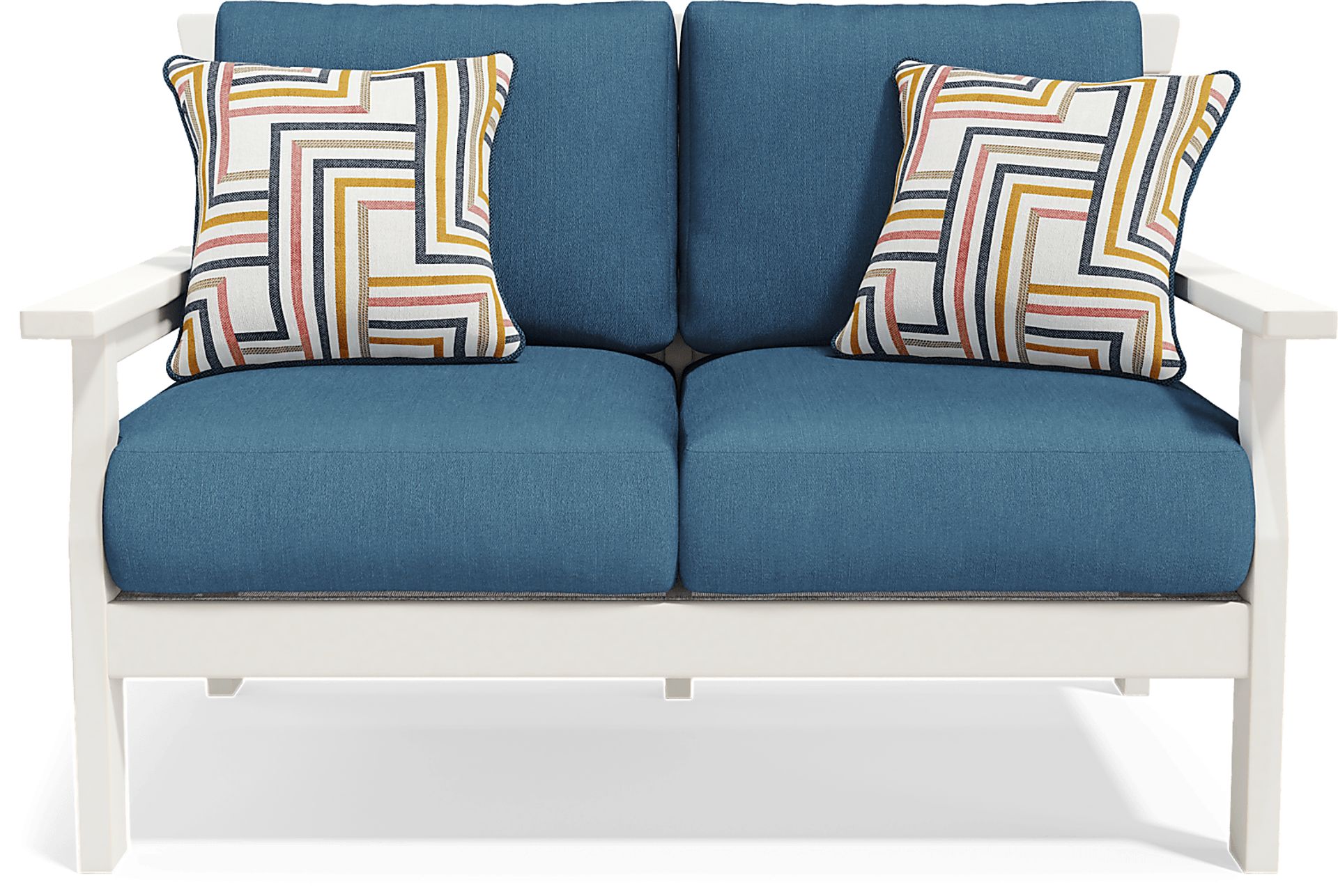 Eastlake White Outdoor Loveseat with Ocean Cushions - Image 1