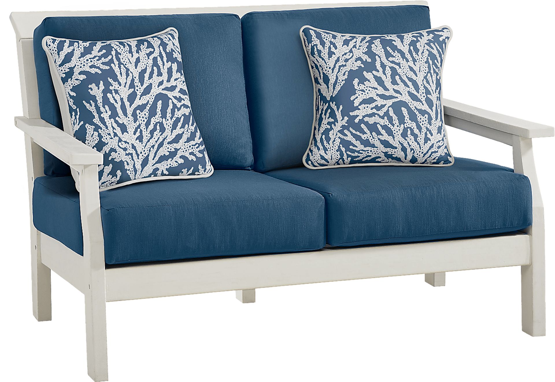 Eastlake White Outdoor Loveseat with Ocean Cushions - Image 2