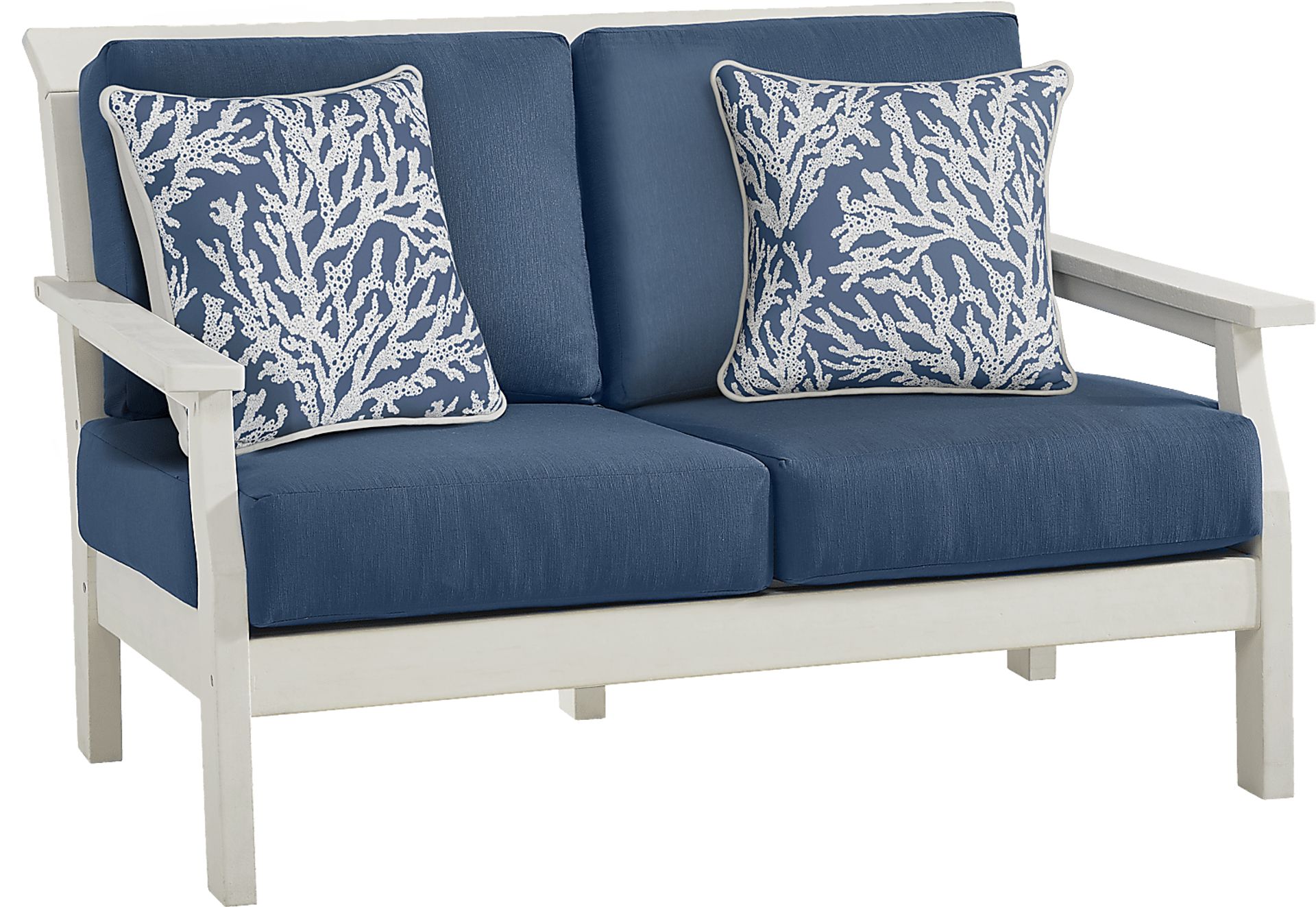 Eastlake White Outdoor Loveseat with Ocean Cushions - Image 2