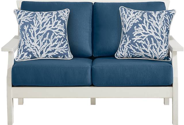 Eastlake White Outdoor Loveseat with Ocean Cushions - Thumbnail - Image 1