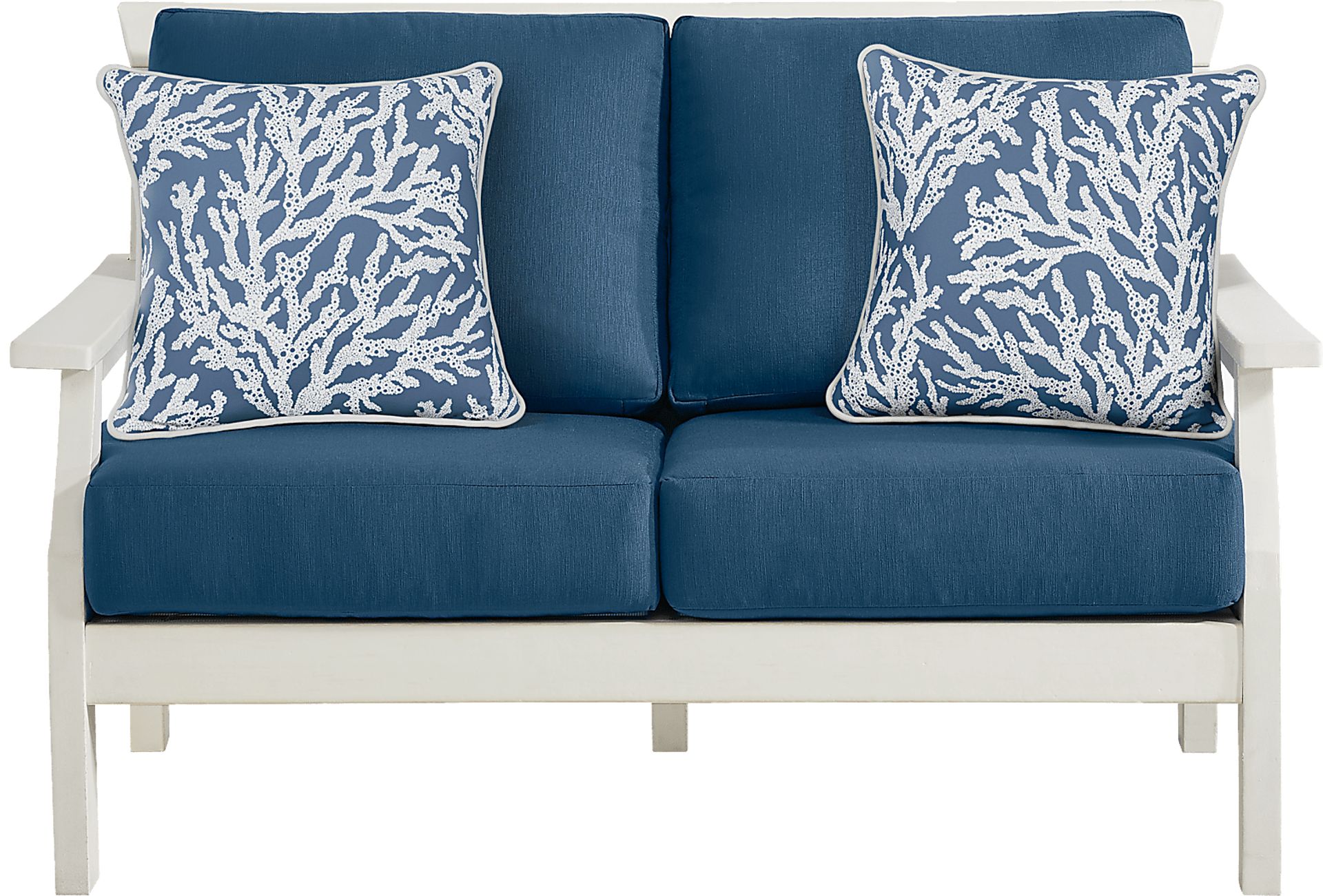Eastlake White Outdoor Loveseat with Ocean Cushions - Image 1