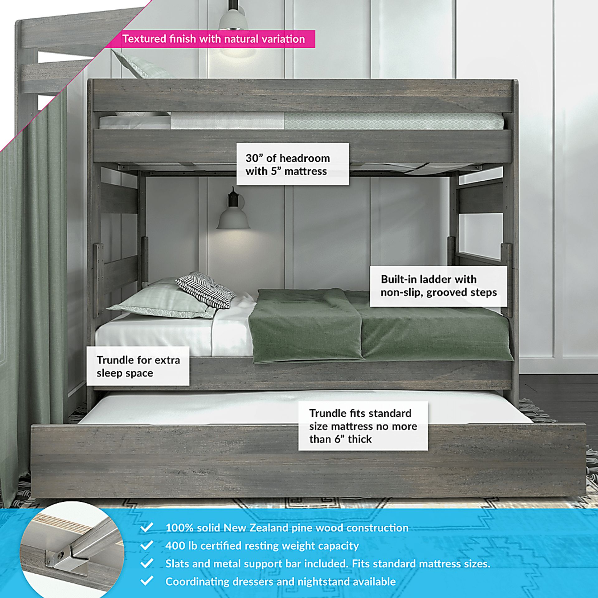 Kids Eastwick Gray Twin/Twin Bunk Bed with Trundle - Image 3