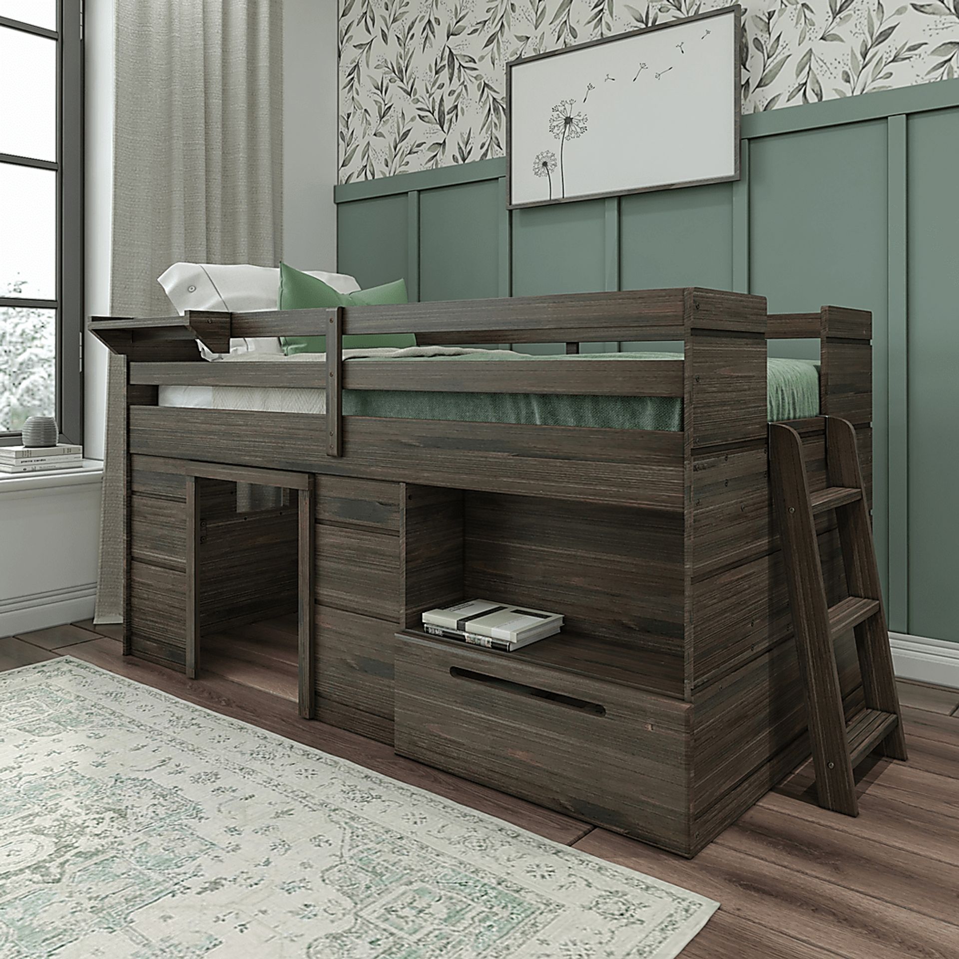 Kids Edenberry Brown Twin Loft Bed with 1 Drawer - Image 1