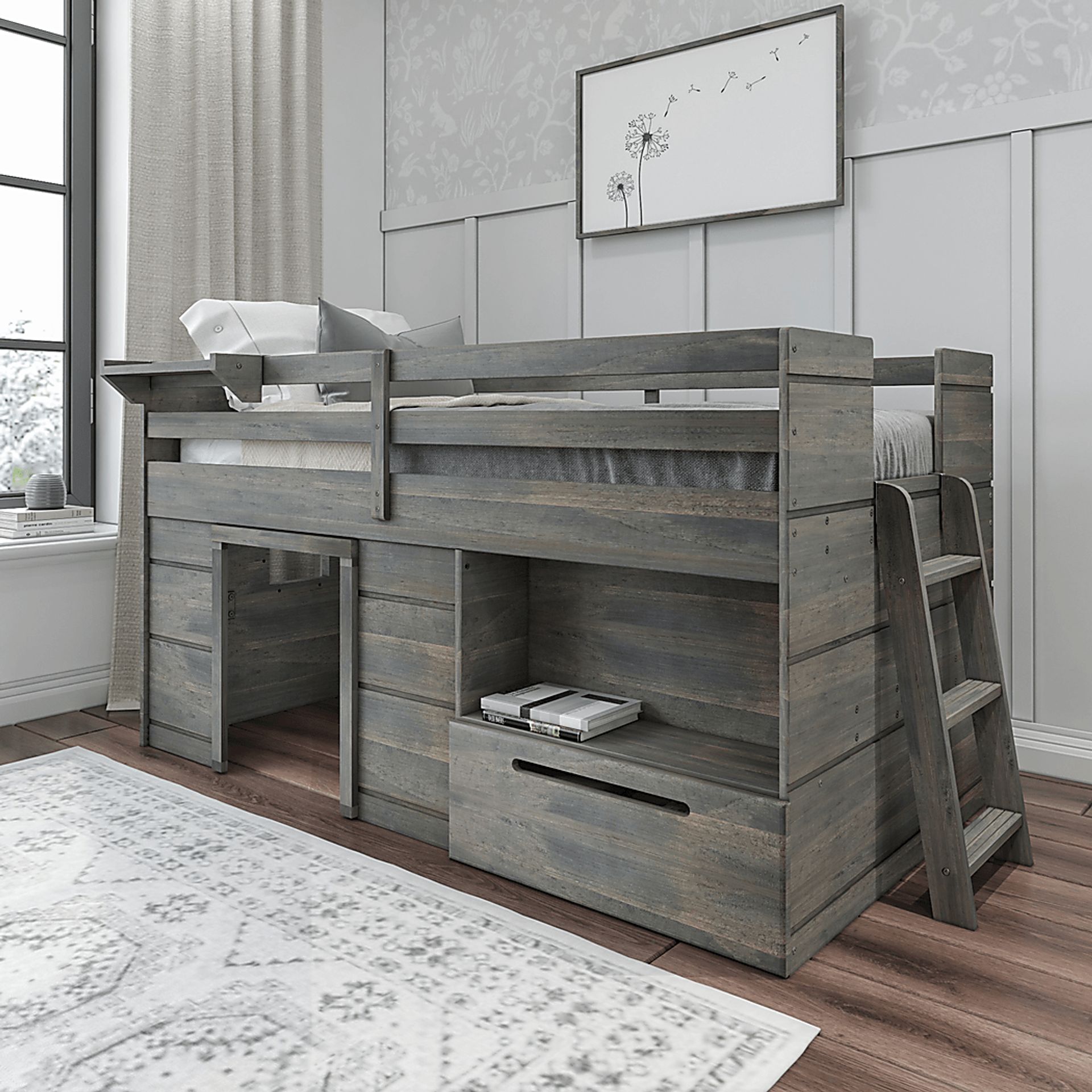 Kids Edenberry Gray Twin Loft Bed with 1 Drawer - Image 1