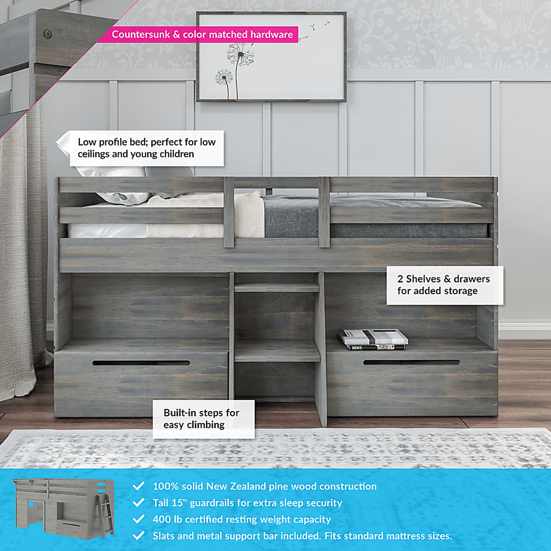 Kids Edenberry Gray Twin Loft Bed with 2 Drawers - Image 3