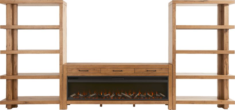 Edgewater Brown 3 Pc Wall Unit with 77 in. Console and Electric Log Fireplace