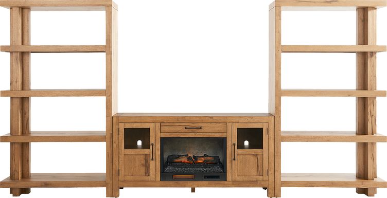 Edgewater Brown 4 Pc Wall Unit with 64 in. Console and Electric Log Fireplace