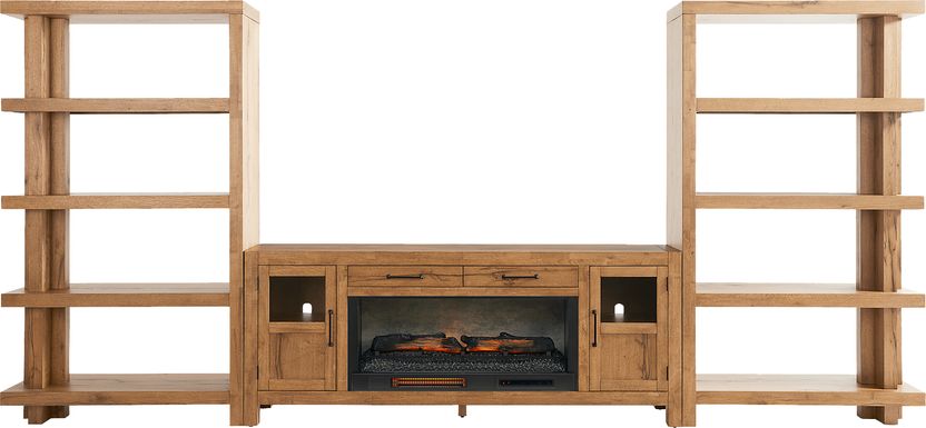 Edgewater Brown 4 Pc Wall Unit with 80 in. Console and Electric Log Fireplace