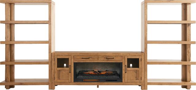 Edgewater Brown 4 Pc Wall Unit with 80 in. Console and Electric Log Fireplace - Thumbnail - Image 1