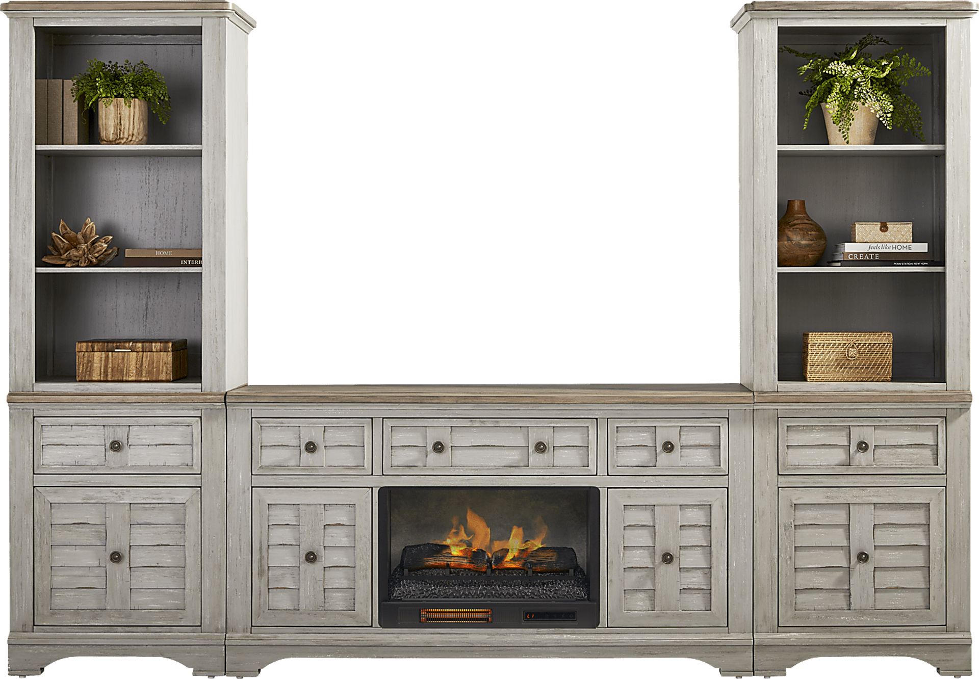 Edisto Bay Gray 3 Pc Wall Unit with 64 in. Console and Electric Log Fireplace - Image 2