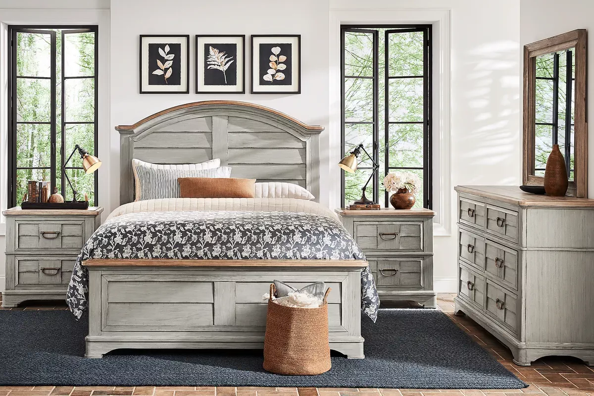 Edisto Bay 5 Pc Gray Queen Bedroom Set With Dresser Mirror 3 Pc Queen Panel Bed
