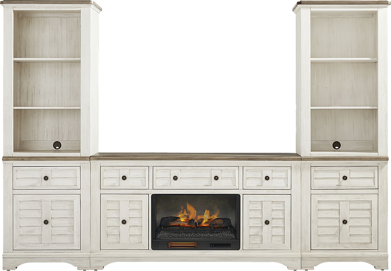 Edisto Bay White 3 Pc Wall Unit with 64 in. Console and Electric Log Fireplace