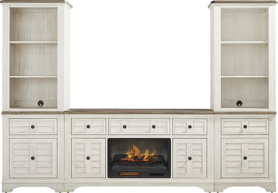 Edisto Bay White 3 Pc Wall Unit with 64 in. Console and Electric Log Fireplace