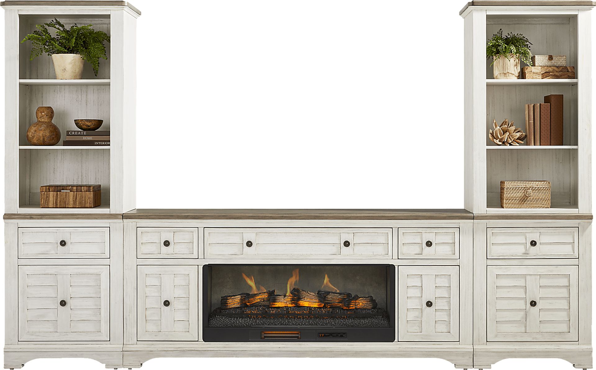 Edisto Bay White 3 Pc Wall Unit with 78 in. Console and Electric Log Fireplace - Image 2