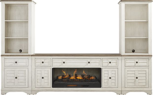 Edisto Bay White 3 Pc Wall Unit with 78 in. Console and Electric Log Fireplace