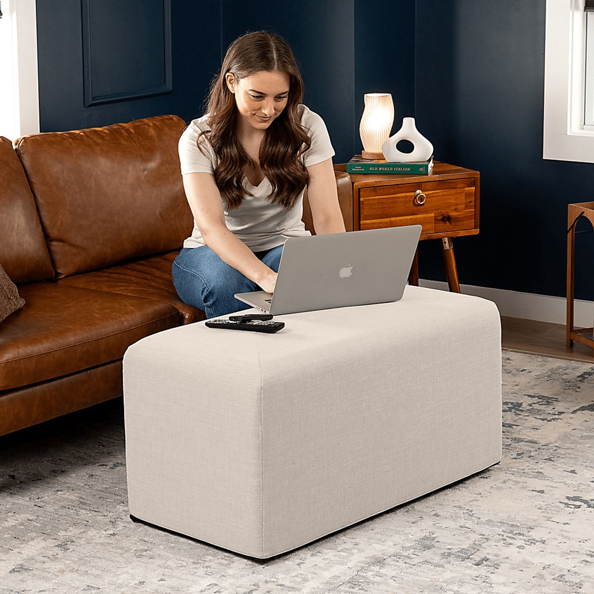 Edunci Light Gray Polyester Fabric Rectangular Ottoman | Rooms to Go