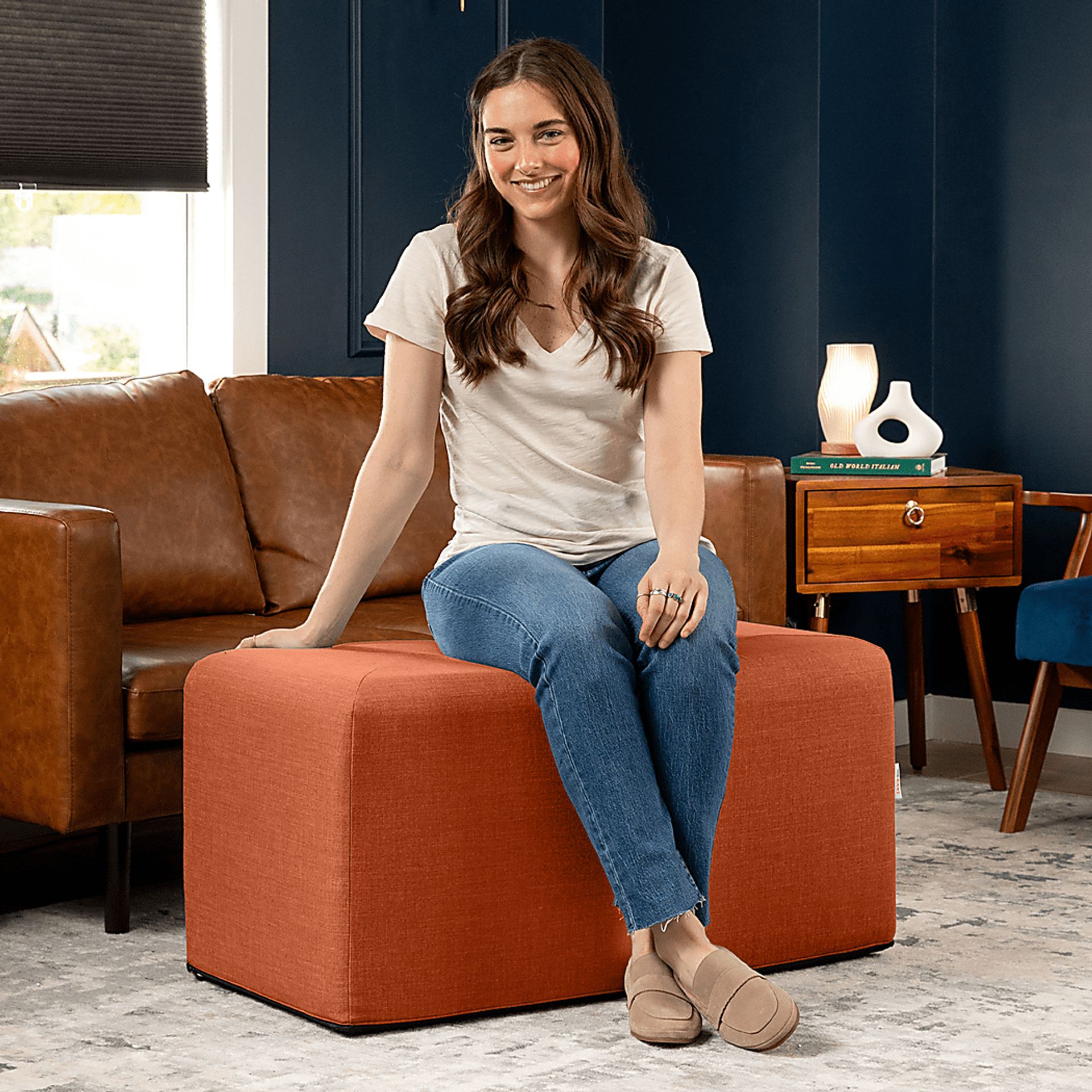 Edunci Orange Large Rectangular Ottoman - Image 3