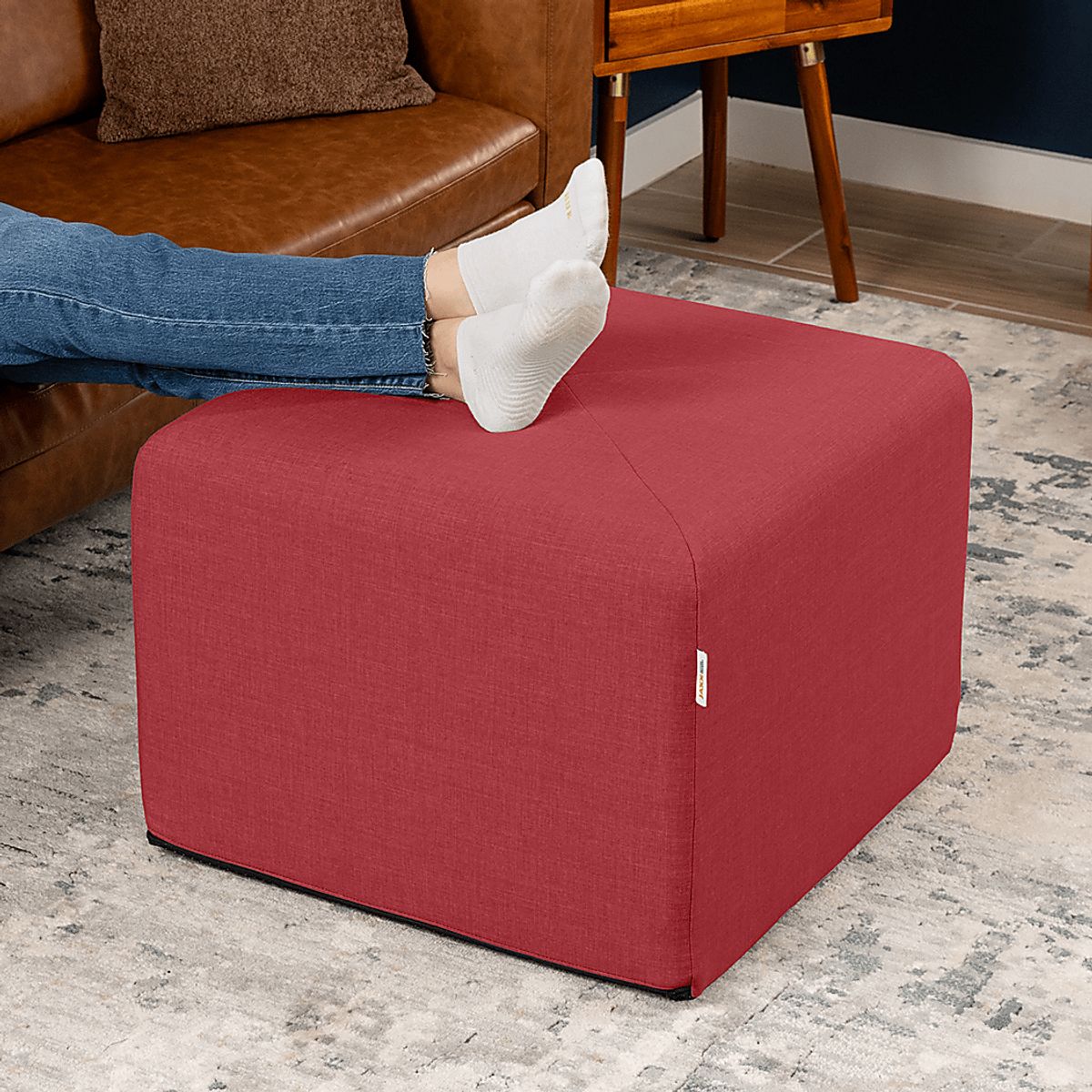Edunci Red Polyester Fabric Large Ottoman | Rooms to Go