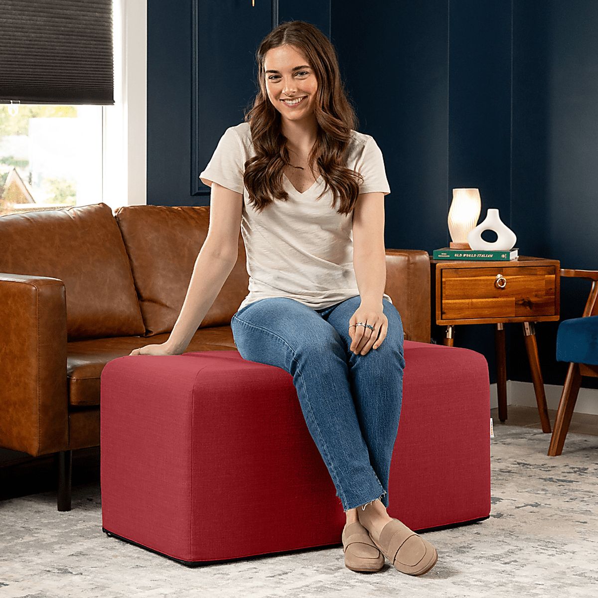 Edunci Red Polyester Fabric Rectangular Ottoman | Rooms to Go
