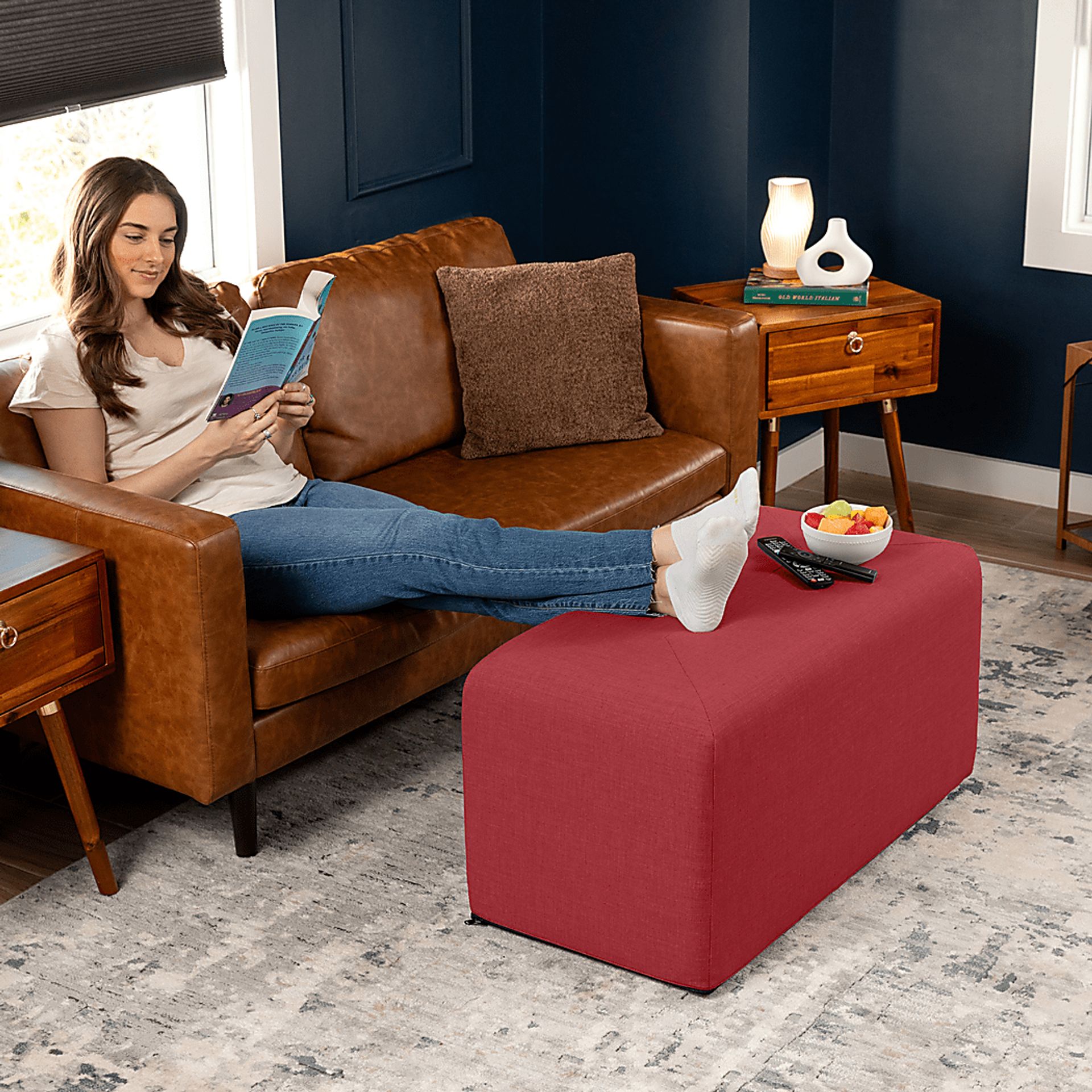 Edunci Red Large Rectangular Ottoman - Image 4