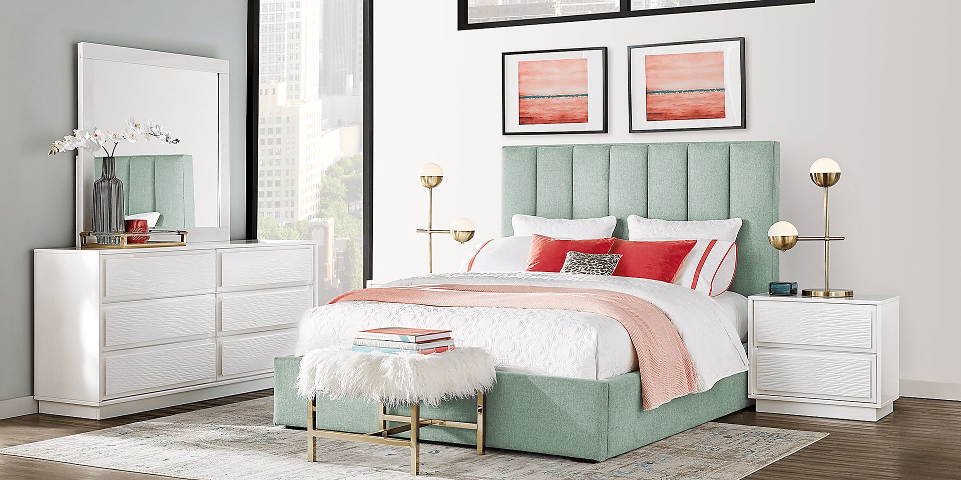 Ellery Way White 7 Pc King Bedroom with Mint Upholstered Bed - Image 1