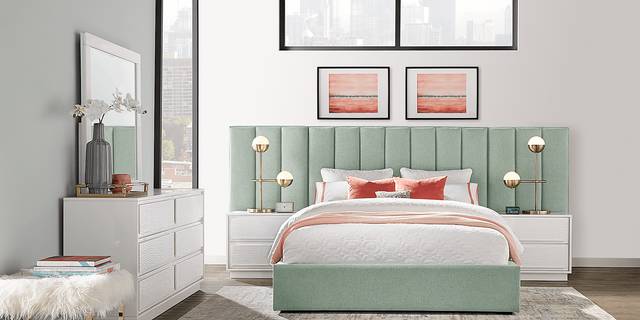 Ellery Way White 7 Pc King Bedroom with Mint Upholstered Wall Bed - Thumbnail - Image 1