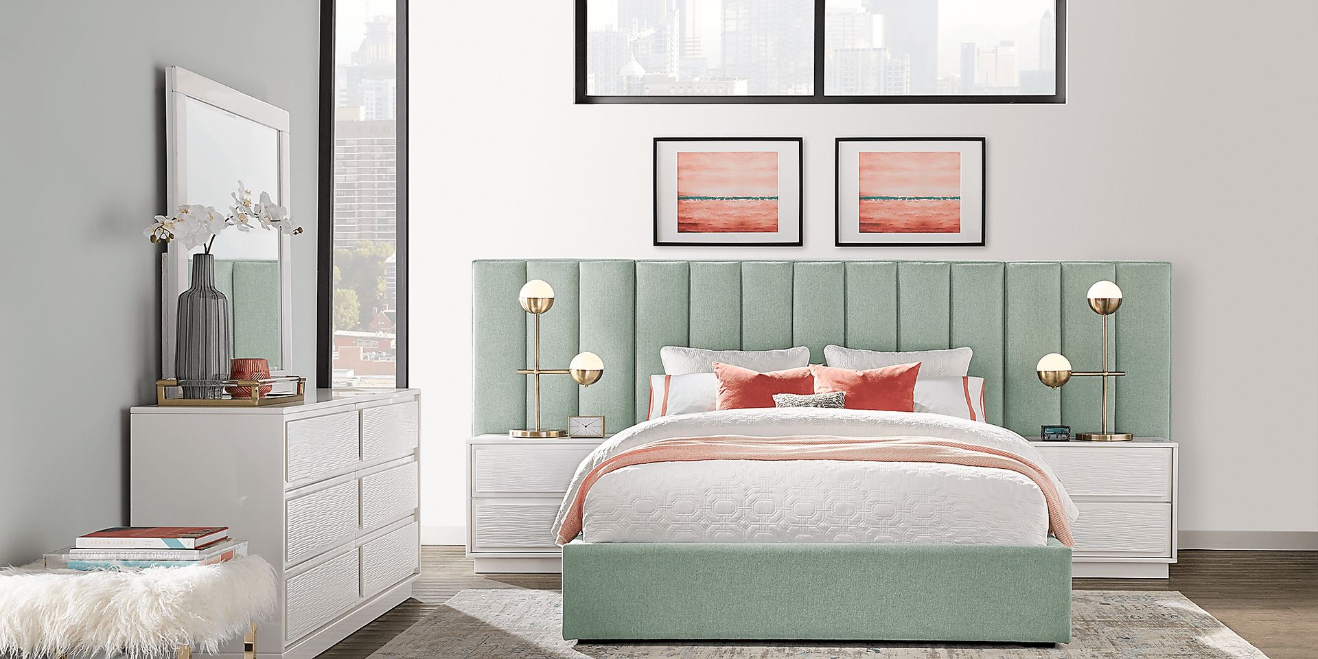 Ellery Way White 7 Pc King Bedroom with Mint Upholstered Wall Bed - Image 1