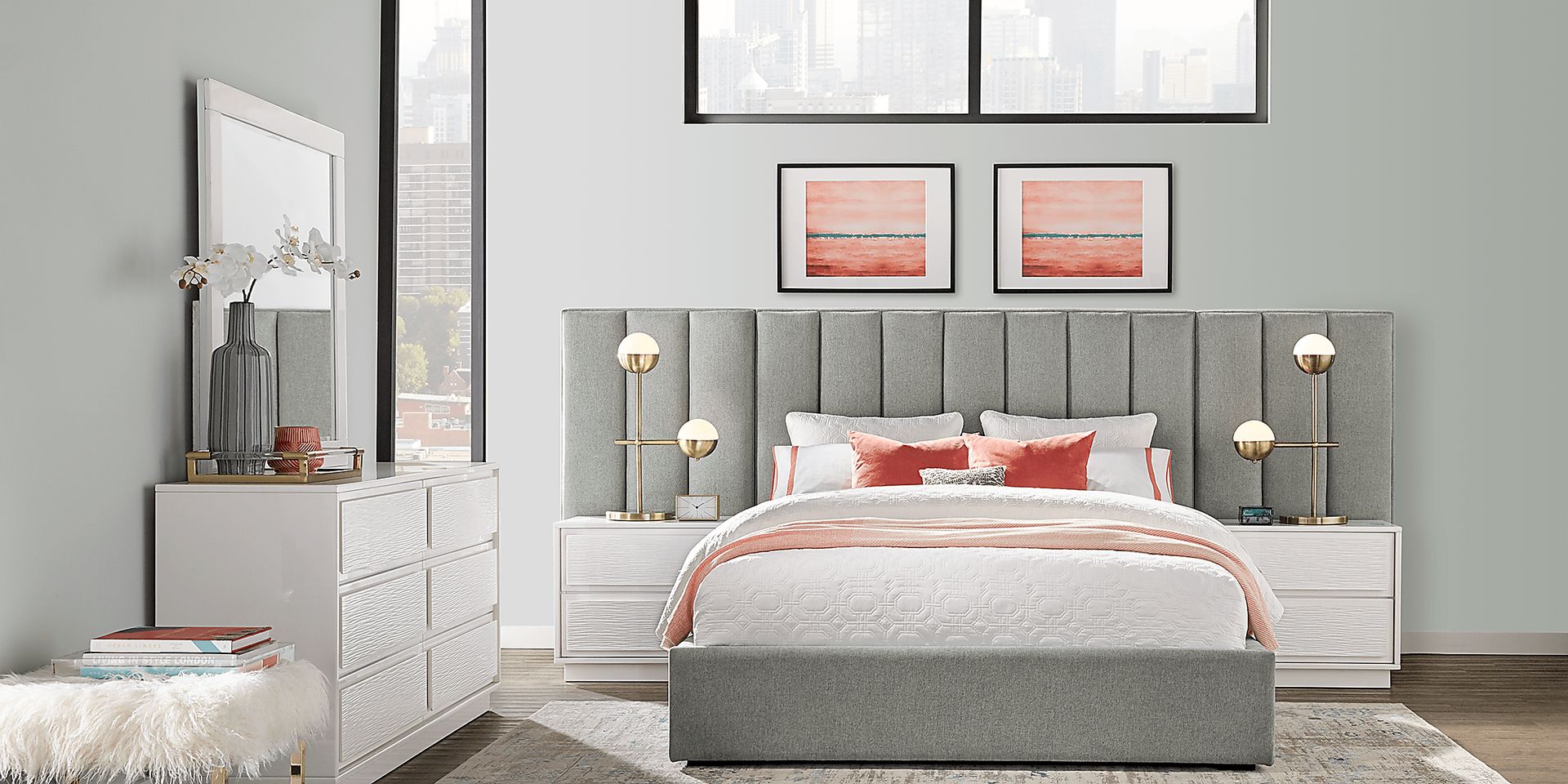 Ellery Way White 7 Pc Queen Bedroom with Gray Upholstered Wall Bed - Image 1