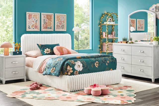 Emilie Rose Wirebrush Gray Bedroom with Charlize White Twin Upholstered Bed - Thumbnail - Image 1
