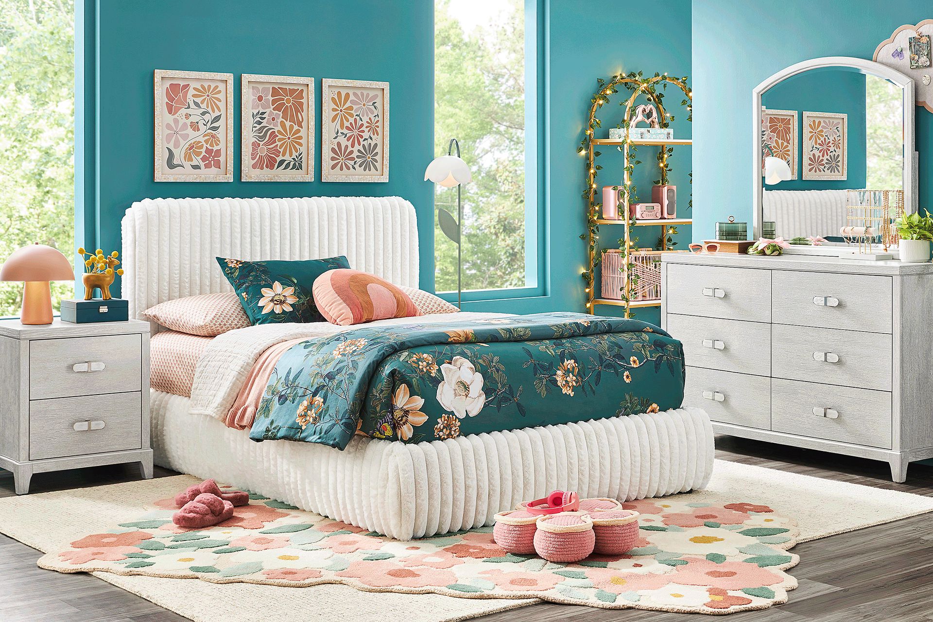 Emilie Rose Wirebrush Gray Bedroom with Charlize White Twin Upholstered Bed - Image 1