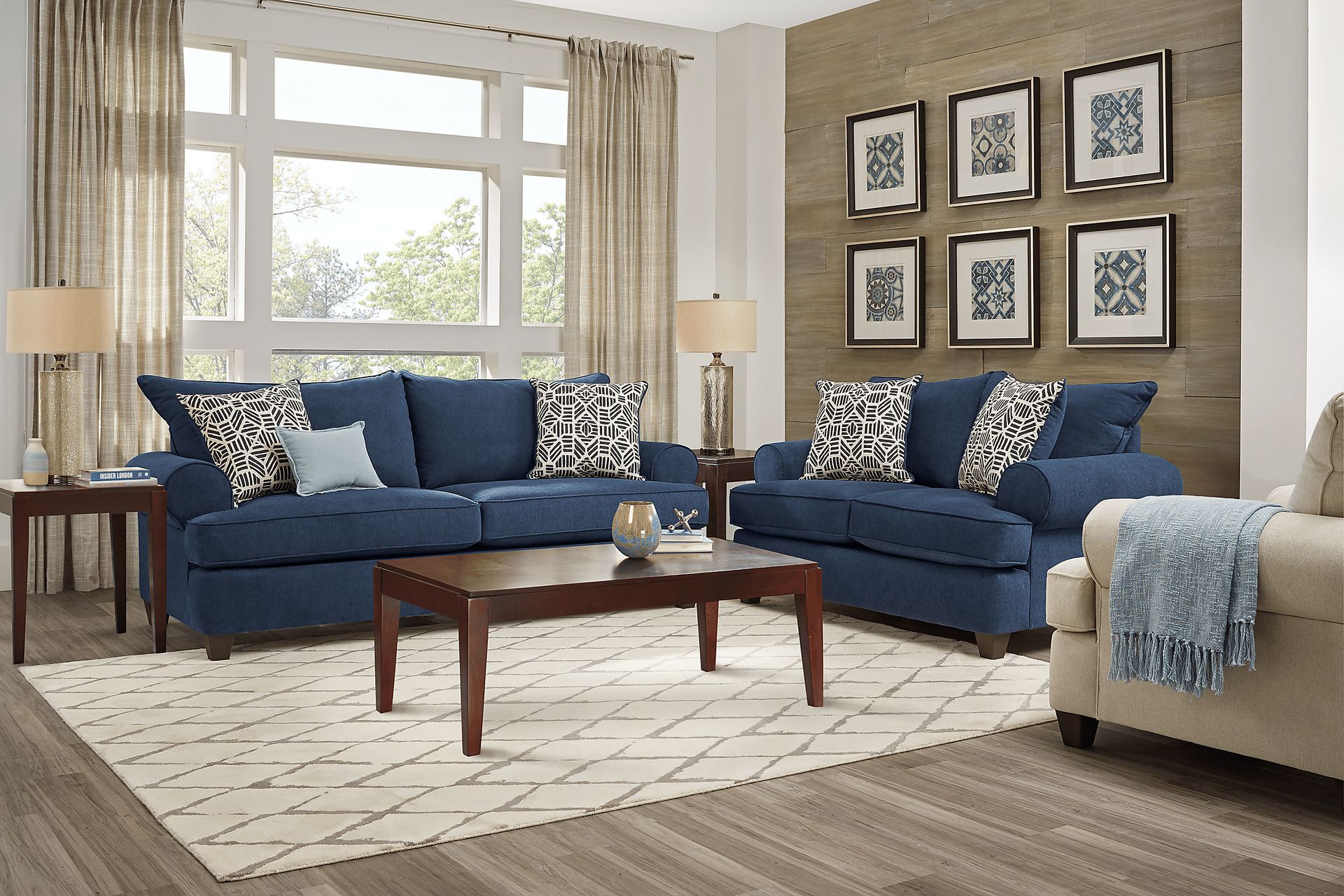 Emsworth 2 Pc Navy Blue Textured Living Room Set With Sofa, Chair