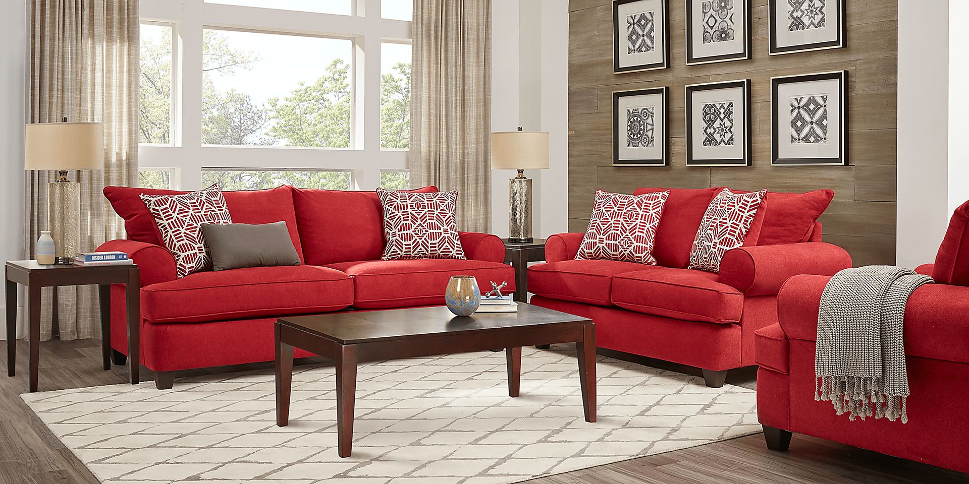 Emsworth 5 Pc Scarlet Red Textured Living Room Set With Sofa, Loveseat
