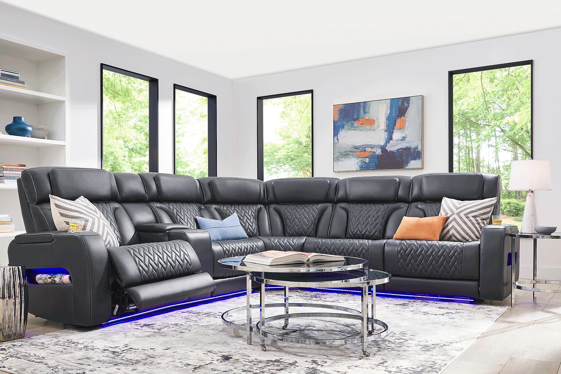 Encore Black Leather 6 Pc Triple Power Reclining Sectional Living Room - Image 1