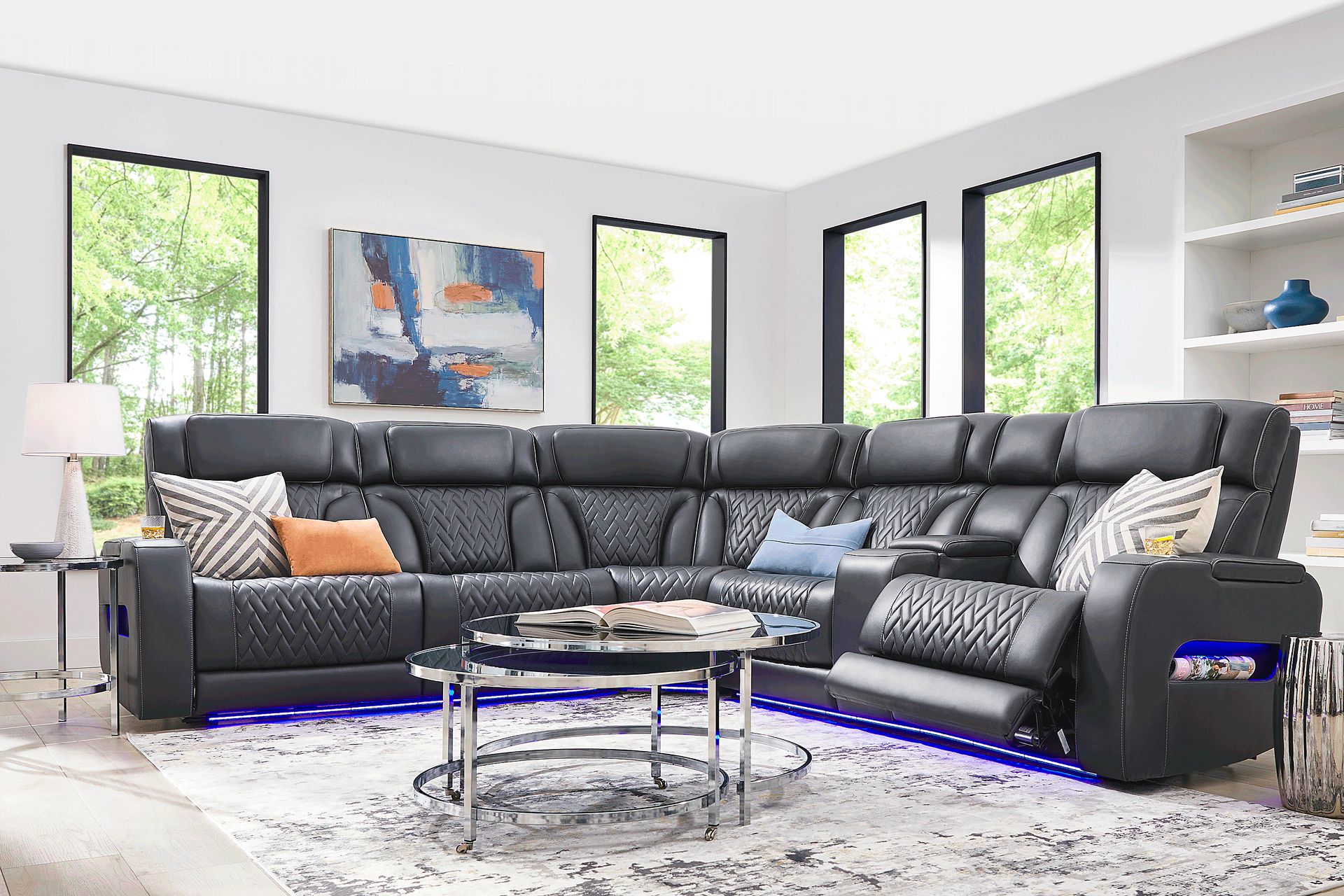 Encore Black Leather 6 Pc Triple Power Reclining Sectional Living Room - Image 1