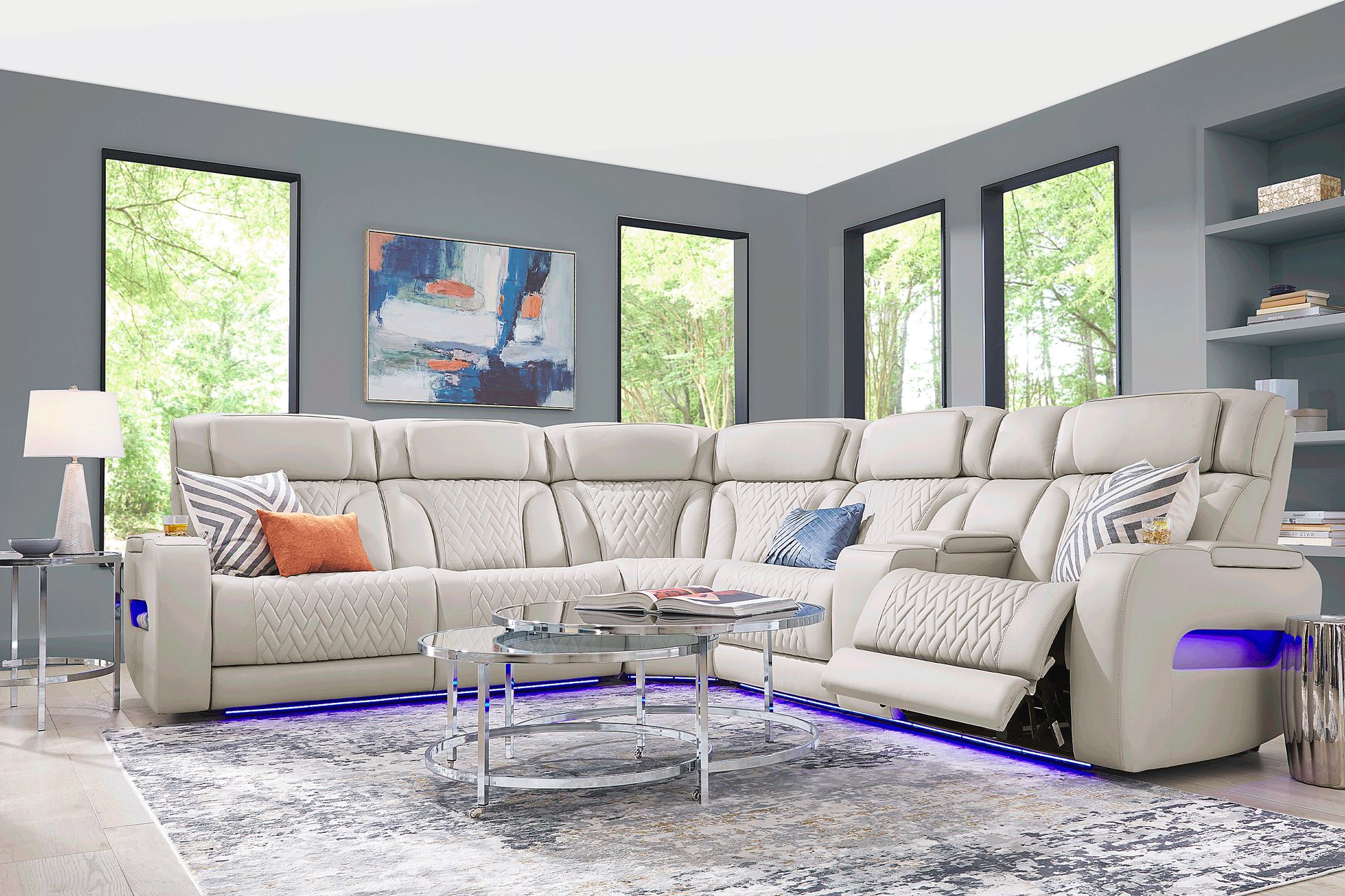Encore Gray Leather 6 Pc Triple Power Reclining Sectional Living Room - Image 1