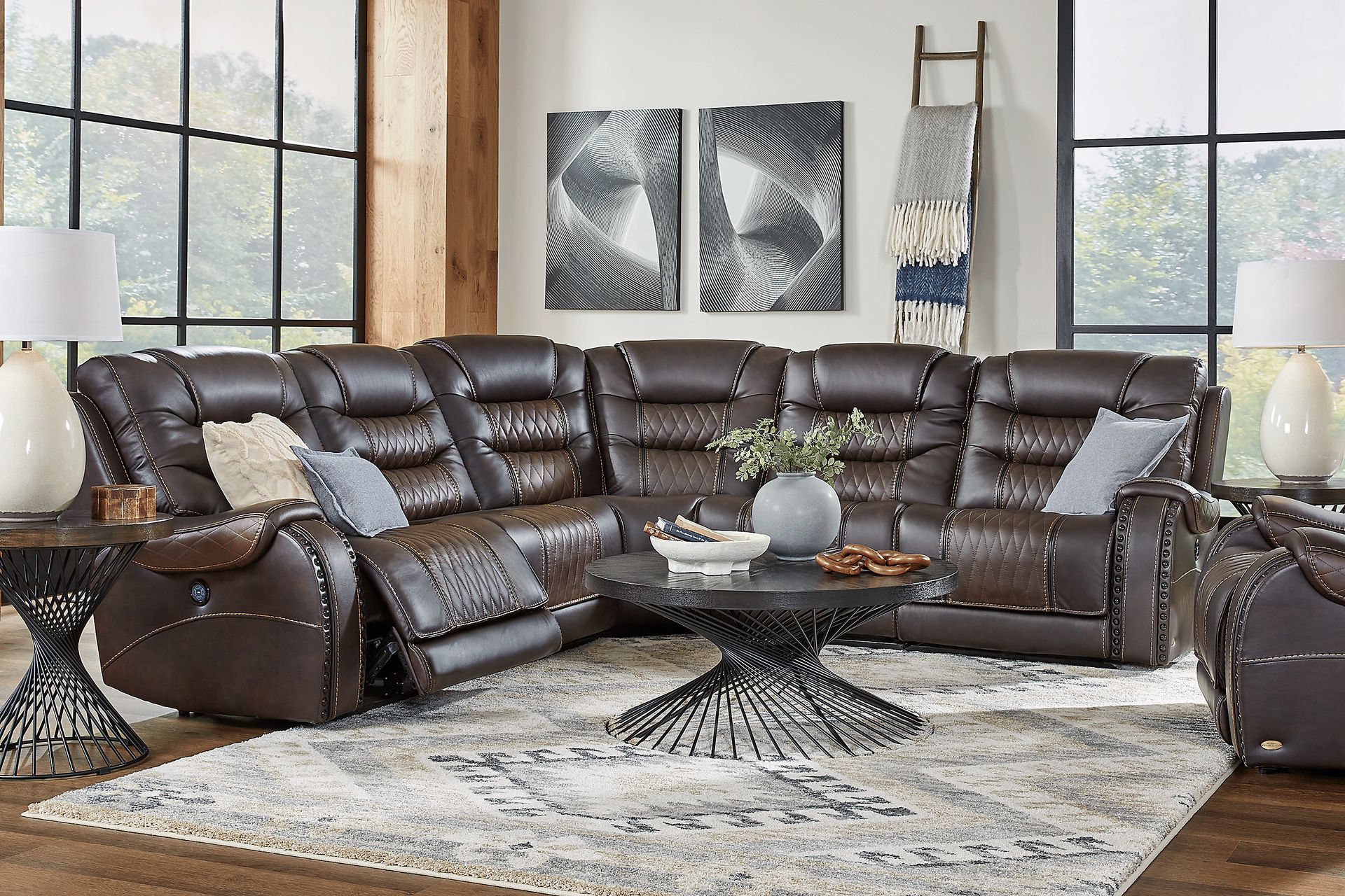 Headliner Brown Leather 5 Pc Dual Power Reclining Sectional - Image 2