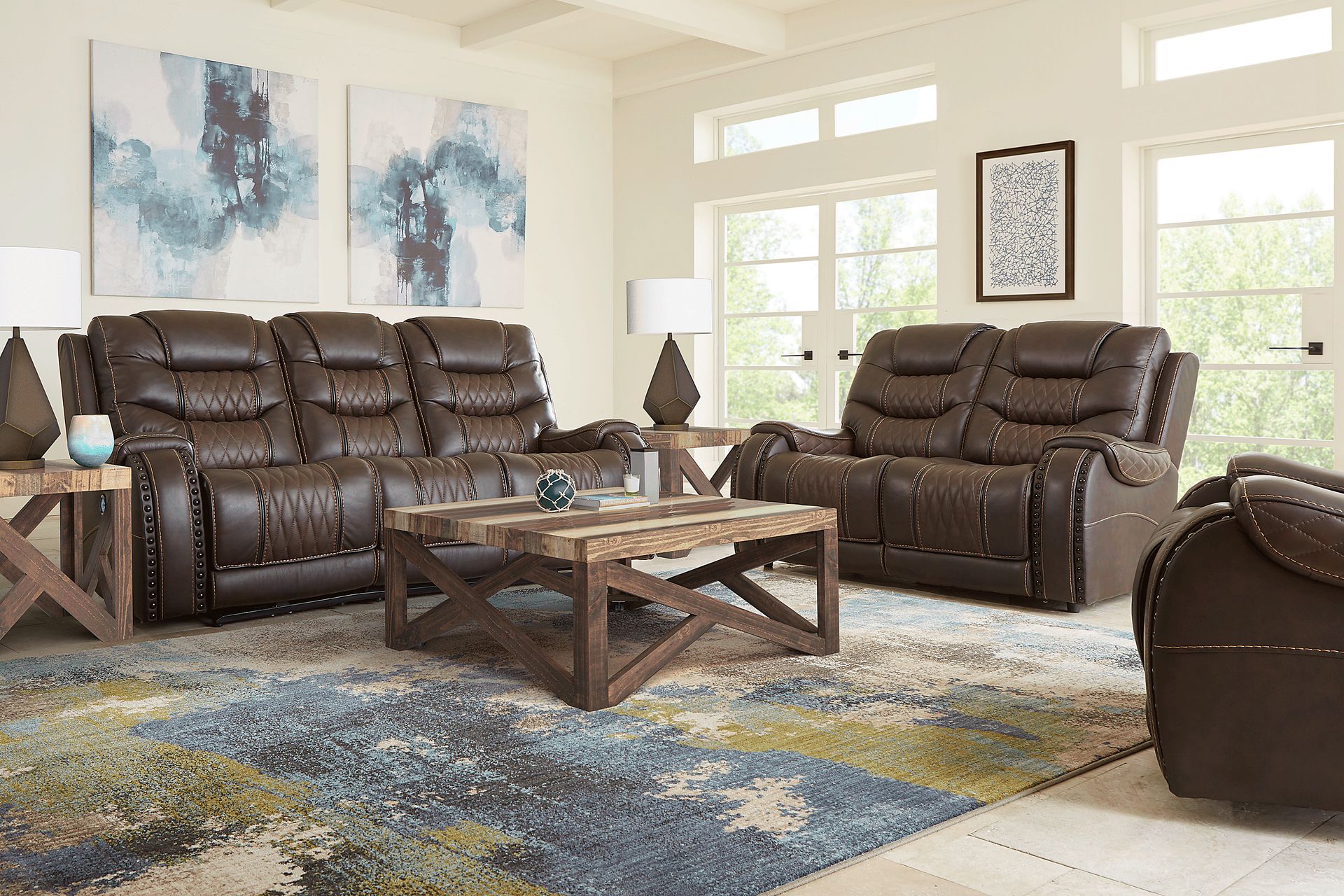 Headliner Brown Leather 7 Pc Living Room with Reclining Sofa - Image 1