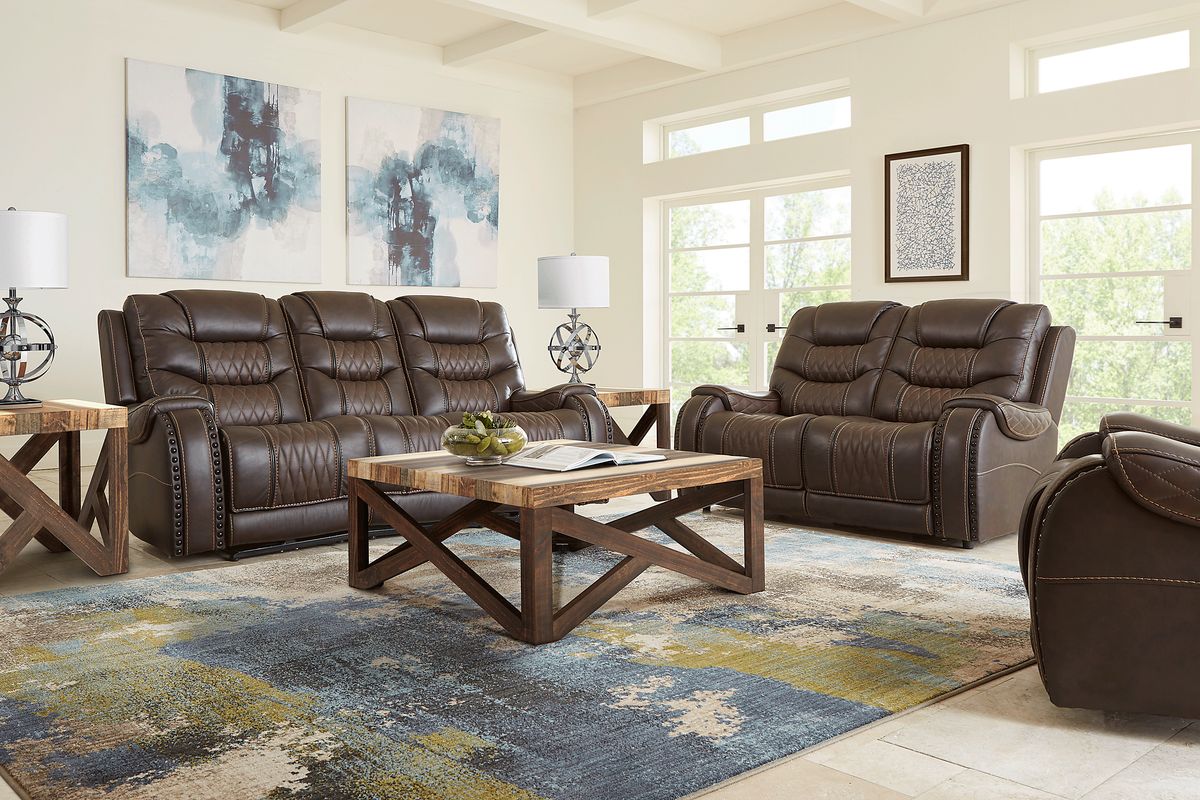 Headliner 8 Pc Brown Leather NonPower Reclining Living Room Set With Reclining Sofa, Stationary