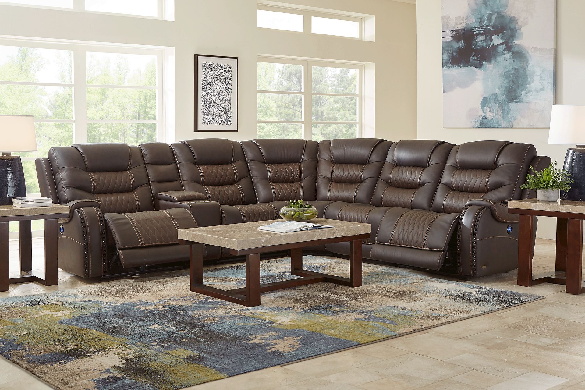 Eric Church Highway To Home Headliner Brown Leather 9 Pc Dual Power Reclining Sectional Living Room - Image 1