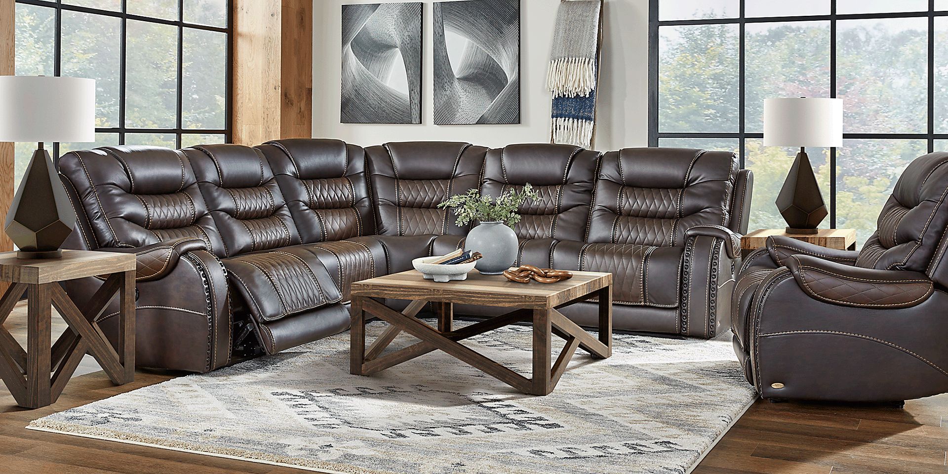 Eric Church Highway To Home Headliner Brown Leather 9 Pc Dual Power Reclining Sectional Living Room - Image 1