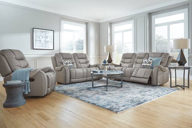 Headliner Gray Leather 5 Pc Reclining Living Room with Dual Power Reclining Loveseat - Thumbnail - Image 1