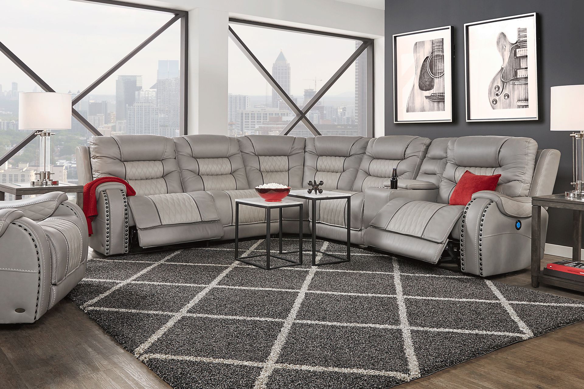Headliner Gray Leather 6 Pc Dual Power Reclining Sectional - Image 2
